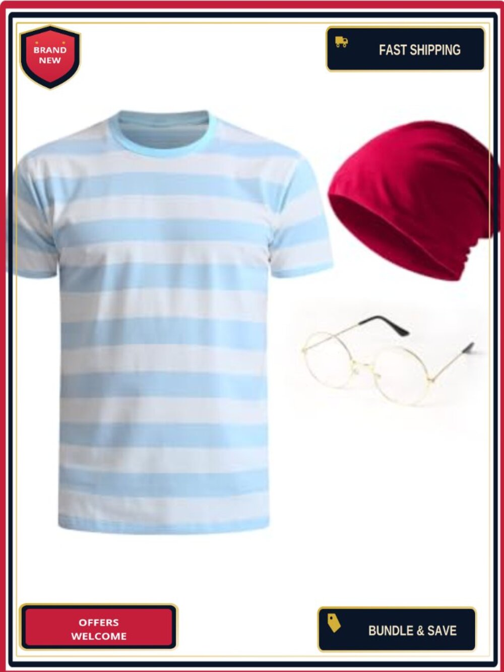Men Halloween Cosplay Costume Set Striped Shirt Cap Glasses Theme Party